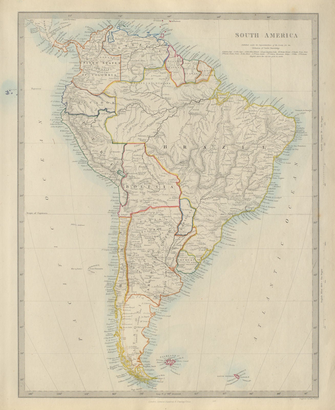 SOUTH AMERICA Brazil Chile Peru Bolivia W/ Litoral Patagonia. SDUK 1874 map